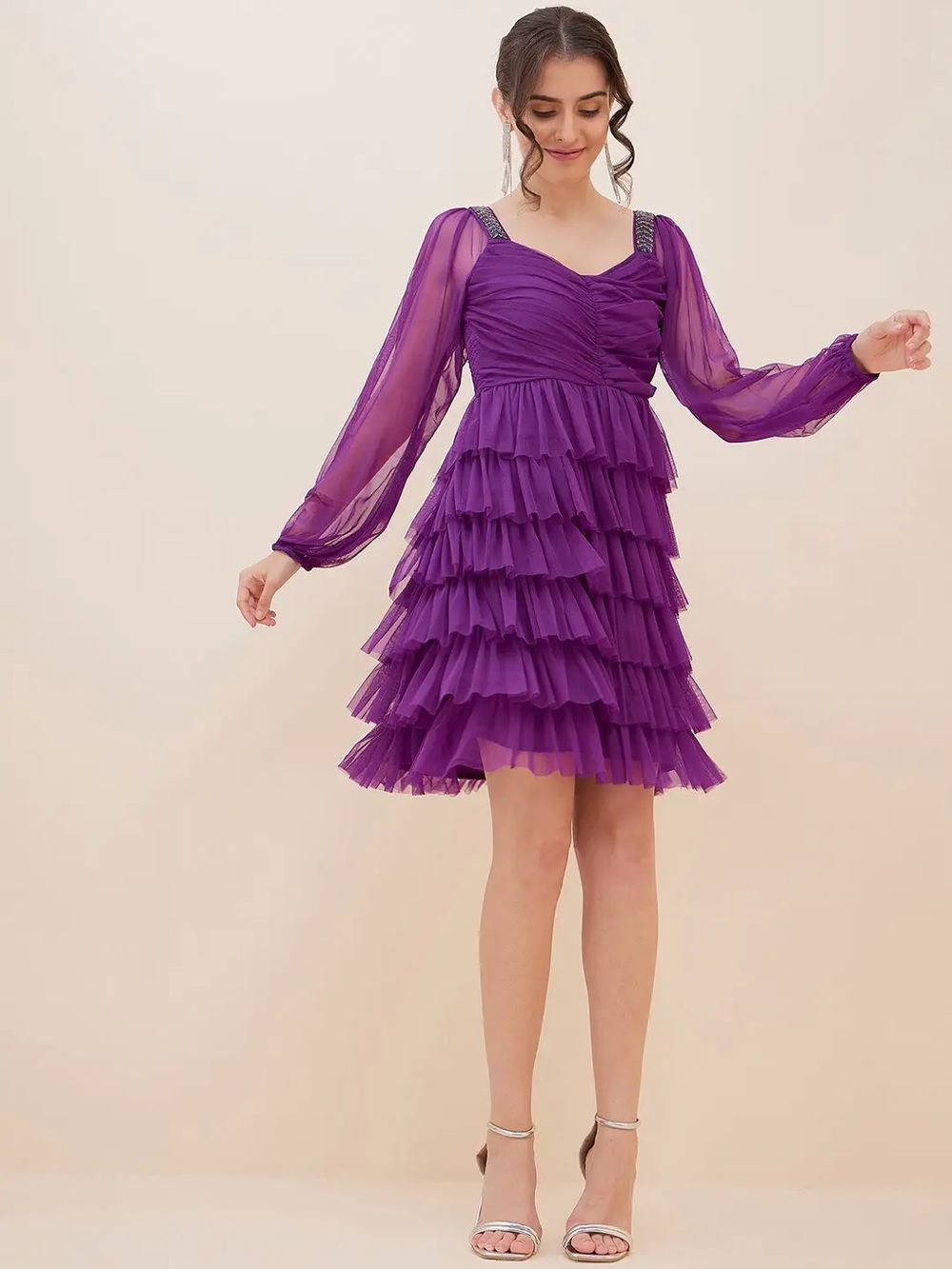 Antheaa Purple Puff Sleeve Layered Net & Flare Tulle Dress 💜✨💫